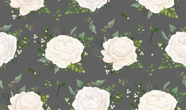 Patrón sin costuras Diseño de estilo acuarela floral vectorial: jardín blanco Ranunculus, flor de rosa, eucalipto, helecho verde, hojas de muérdago verde y baya. Impresión de fondo romántica rústica en gris — Archivo Imágenes Vectoriales