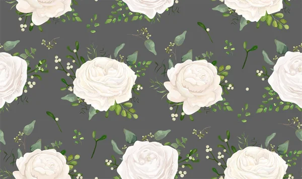 Padrão sem costura Vector design estilo aquarela floral: jardim branco Ranúnculo, rosa flor, eucalipto, samambaia verde, folhas de vegetação de visco e baga. Rústico fundo romântico impressão em cinza —  Vetores de Stock