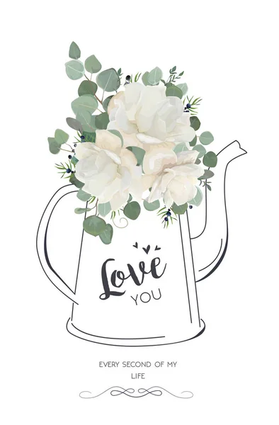 Floral elegant card vector Design: White rose peony flower juniper berry branches, green Eucalyptus silver leaves bouquet in line hand drawn kettle vase. Illustration for Wedding invite, love you text — Stock Vector