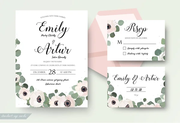 Wedding Invitation Floral invite Rsvp thank you cute card vector Designs set: white garden Bunga poppy Anemone, silver dollar Eucalyptus green leaf & branches. Romantis hijau seni pedesaan tropik - Stok Vektor