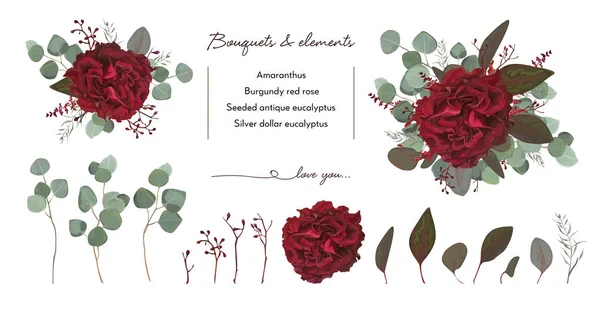 Diseño de ramo floral vectorial con: jardín rojo borgoña Rose flower, rama de eucalipto sin semillas y hojas de helecho verde plateado, conjunto de elementos editable diseñador de acuarela. Tarjeta postal invitada boda Marsala — Archivo Imágenes Vectoriales