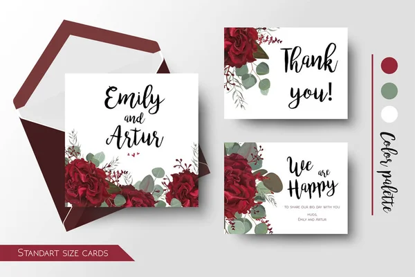 Convite de casamento, convite, obrigado, saudação rsvp card set. Vector aquarela floral bouquet design moldura decorativa: Borgonha vermelha flor de rosa, ramo de eucalipto semeado & prata folhas azuis — Vetor de Stock