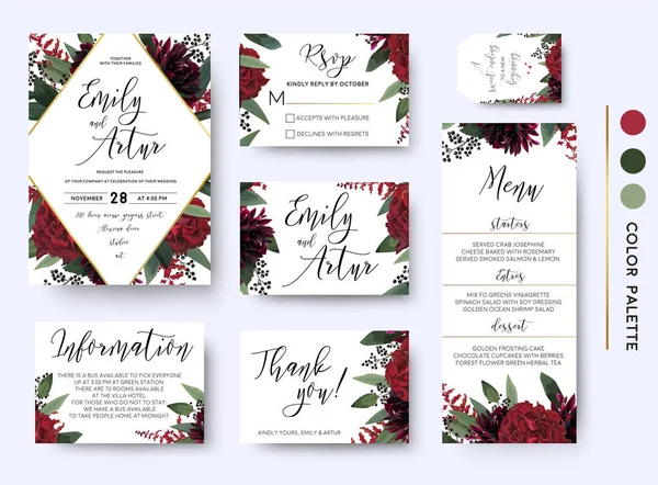 Invito di nozze, invito salva la data rsvp set di biglietti di ringraziamento. Acquerello vettoriale bouquet floreale rombo telaio design: rosso bordeaux Rose flower green leaves Eucalyptus branch & berries — Vettoriale Stock