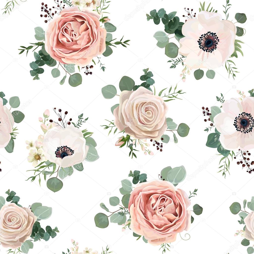Seamless pattern Vector floral watercolor style design: garden powder white pink Anemone flower silver Eucalyptus branch green thyme wax flowers greenery leaves berry. Rustic romantic background print