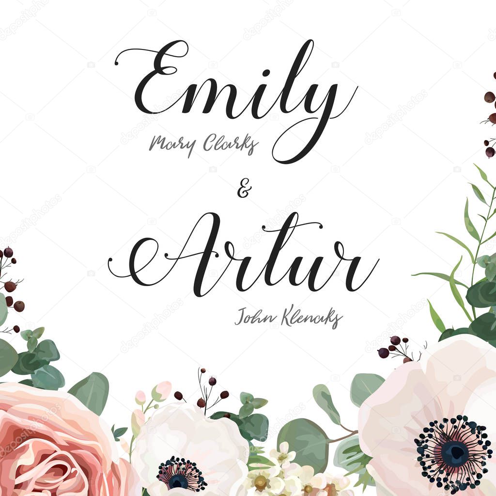 Floral Wedding Invitation elegant invite card vector Design: garden flower lavender pink peach Rose, white wax, Anemone green blue Eucalyptus delicate greenery, berry bouquet print border & copy space