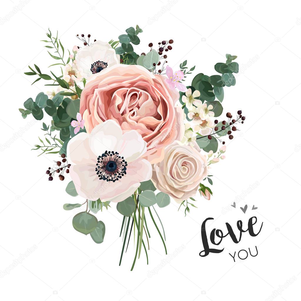 Flower Bouquet floral bunch, vector boho design object, element. Peach, creamy pale pink Anemone Poppy Rose flowers, berry Eucalyptus herb mix rustic floral elegant wedding card. All elements editable