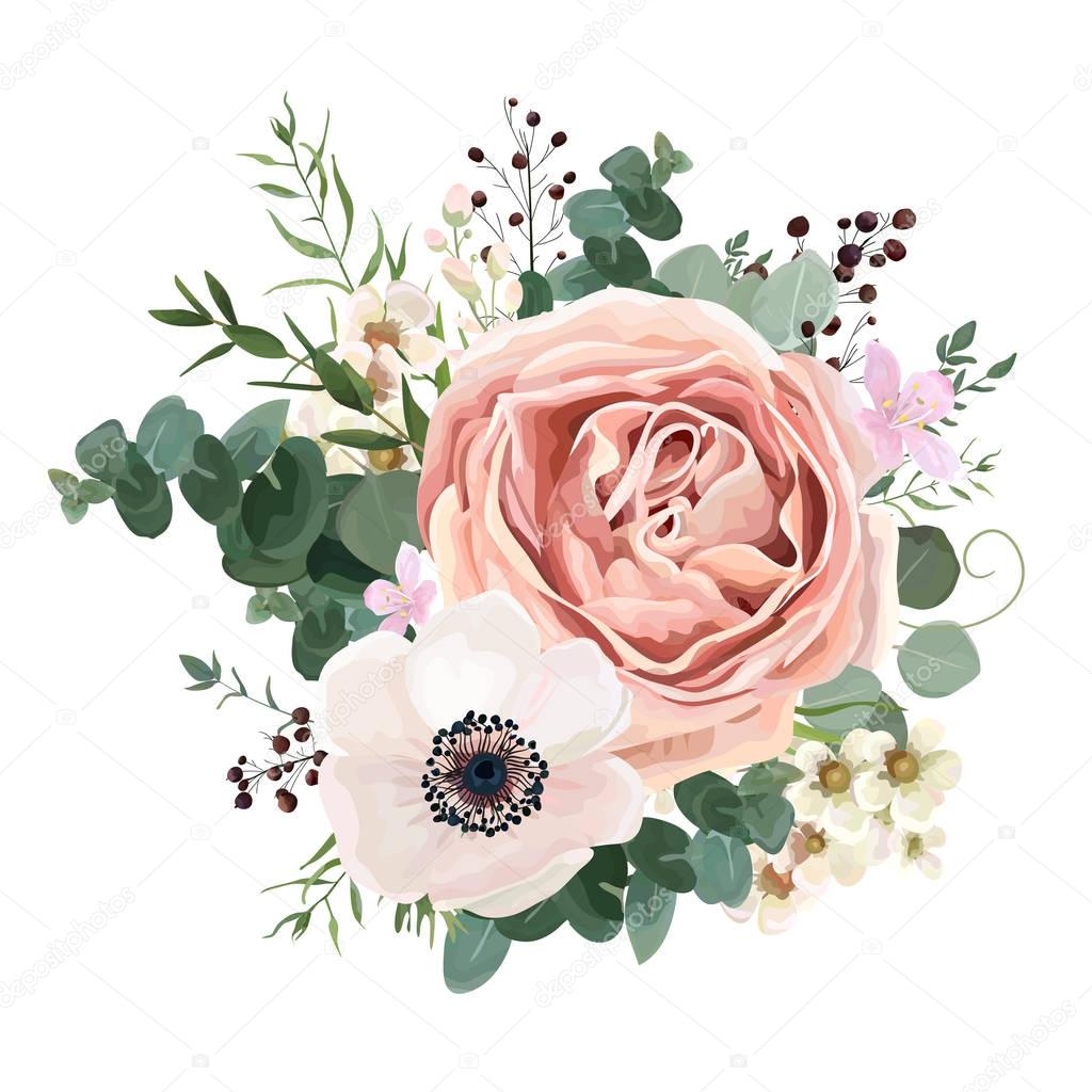 Floral card vector Design: garden flower lavender pink peach Rose white Anemone wax green Eucalyptus thyme leaves elegant greenery, berry, forest bouquet print.Wedding rustic Invitation elegant invite