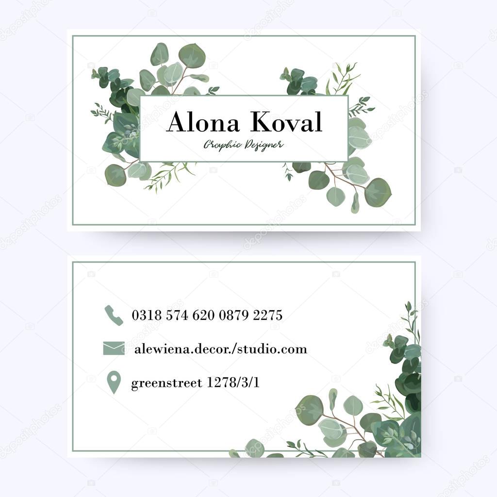 Floral business card design. Vintage rustic eucalyptus silver green, greenery, leaves frame pattern in modern style with frame. Complied with the standard size. Elegant delicate tender creative layout