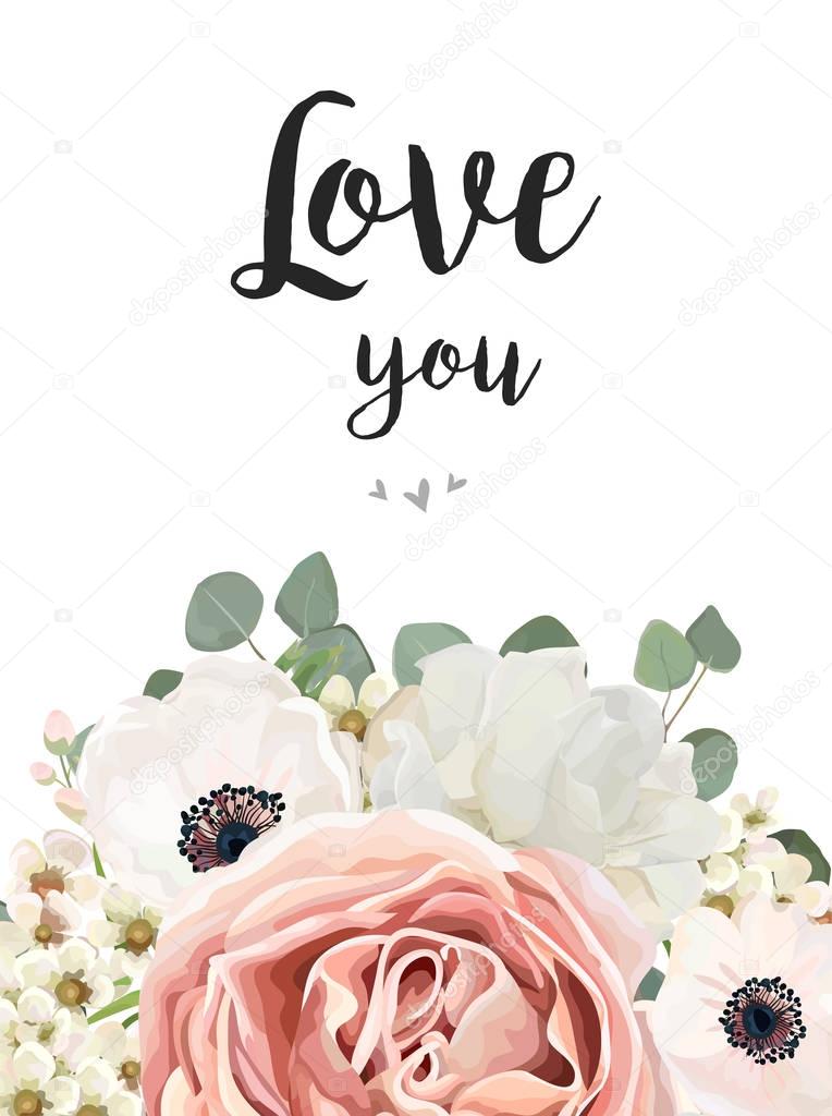 Vector floral design card. White Rose flower pink Anemone, wax eucalyptus branch, leaf greenery mix. Greeting, wedding invite template. Frame corner border with 
