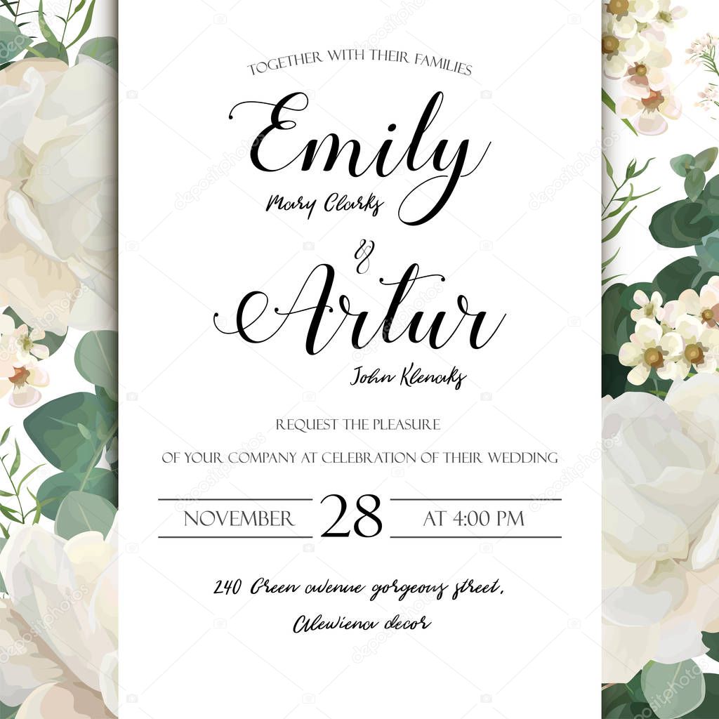 Floral Wedding Invitation save the date card elegant invite card vector Design: garden flower white Rose peony white wax green cute Eucalyptus tender greenery bouquet print frame and copy space layout
