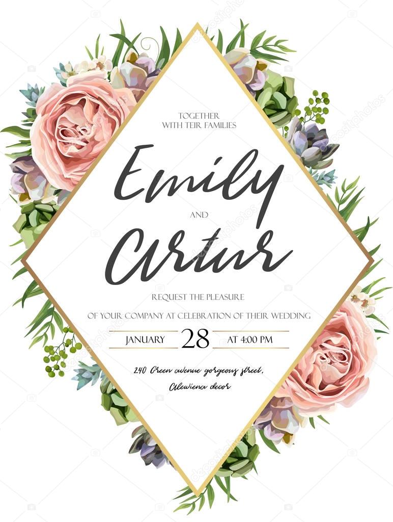 Vector floral design card: watercolor pink peach garden Rose green leaves succulent plant greenery. Natural botanical Greeting wedding invitation, invite. Geometrical rhombus golden Frame & copy space