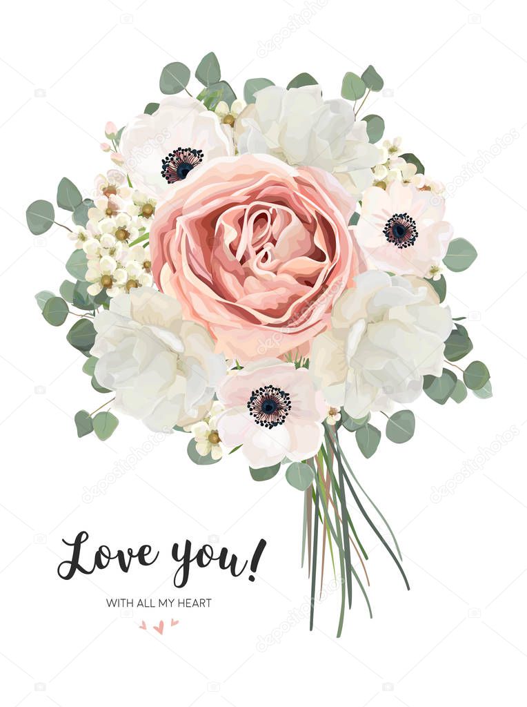 Flower Bouquet floral bunch, vector card design with bouquet of Peach, pale pink Anemone white garden Rose flowers, wax Eucalyptus branch greenery. Rustic elegant wedding invite. All elements editable