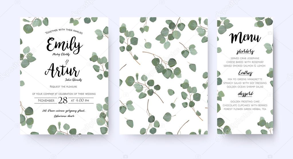 Wedding invite invitation menu  card vector floral greenery design: forest Eucalyptus branches & green leaves foliage greenery frame pattern. Postcard, poster label. Watercolor elegant hand drawn set 