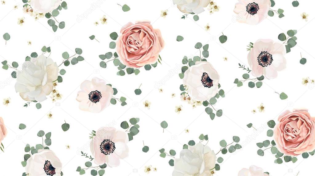 Seamless pattern Vector floral watercolor design: garden rose peony, powder white pink Anemone flower silver Eucalyptus branch green thyme wax flowers greenery leaves. Rustic romantic background print