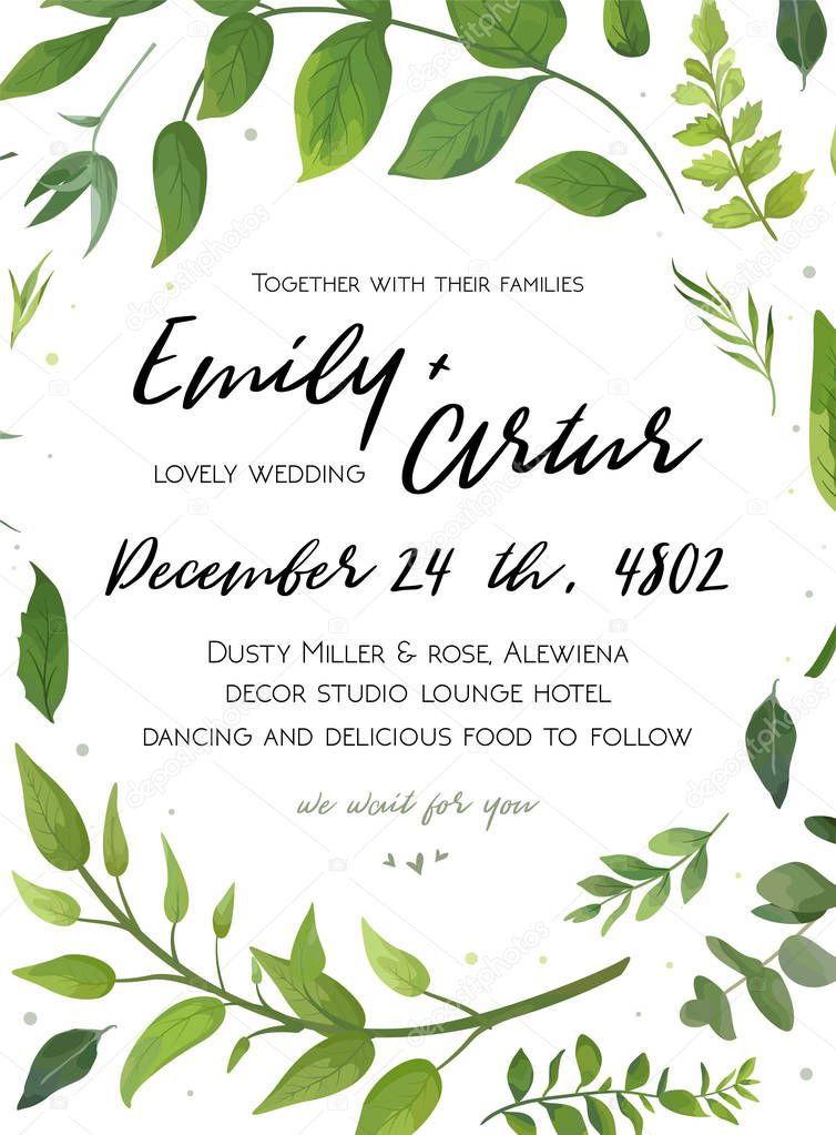 Wedding Invitation, floral invite card Design with green fern leaves elegant greenery foliage eucalyptus forest bouquet round frame, wreath print. Vector rustic eco friendly postcard cute illustration