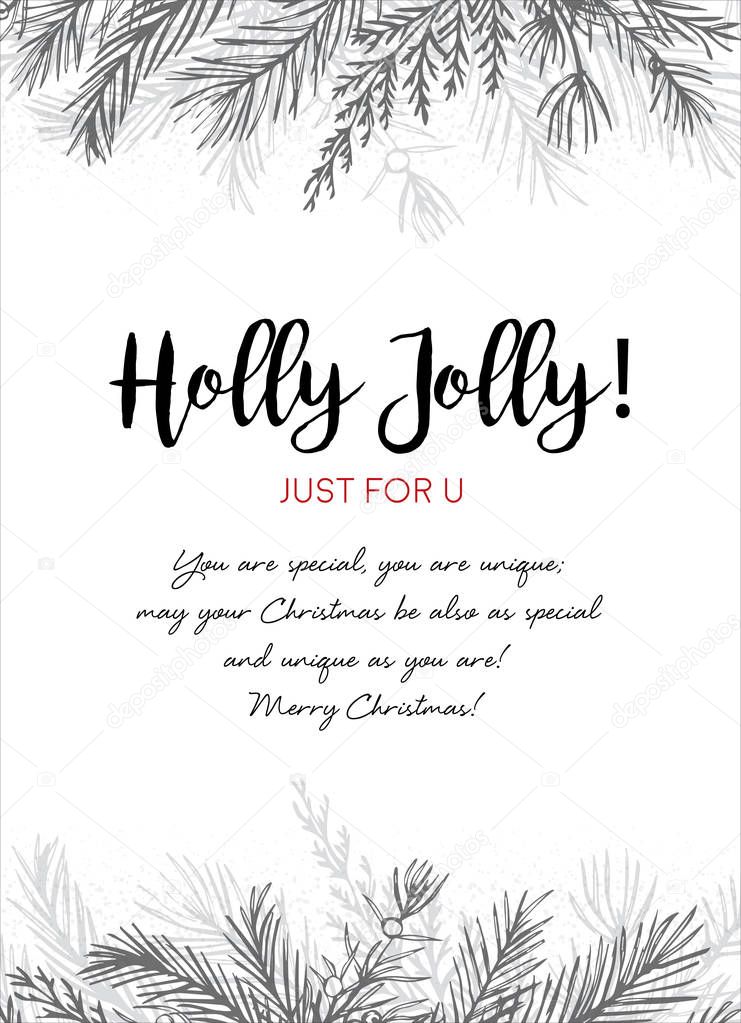 Merry Christmas greeting card, postcard vector design: hand drawn silver gray ink winter tree, pine needles, juniper branch, blue spruce, cedar leaf delicate border frame. Winter cute wedding invite