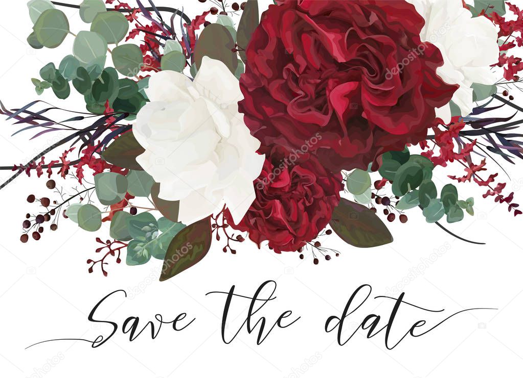 Wedding save the date, invite, invitation, card vector floral bouquet design with garden red, burgundy Rose flower, white peony, seeded Eucalyptus branches, berry, purple agonis, fern, greenery leaves
