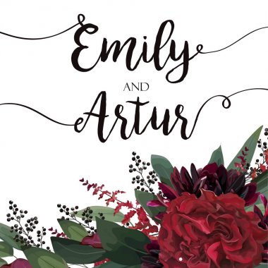 Düğün vector Floral davet, davet tarihi vektör kart tasarımı şık Bahçe kırmızı bordo gül çiçek, Okaliptüs ağacı yeşil yaprakları, siyah kurtbağrı meyveleri ile kaydet. Şık zarif şablonu