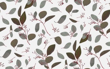 Seamless modeli ile Okaliptüs ağacı tropikal numaralı seribaşı dalları vintage antik kırmızı mavi sevimli duvar kağıdı, suluboya stil bırakır. Vektör dekoratif boho izole zarif yazdırma doku beyaz arka plan