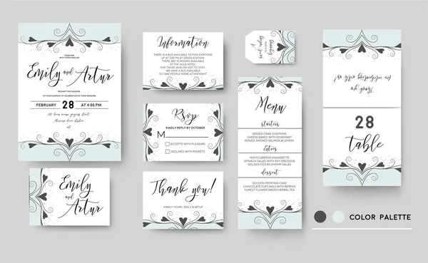 Convite de casamento, convite, salve a data obrigado rsvp menu card set template design elegante: vetor mão desenhada linda flourish fronteira gráfico delicado redemoinhos corações ornatate motivo vintage azul pontos —  Vetores de Stock