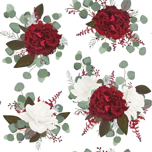 Motif floral vectoriel sans couture dessiné dans un style aquarelle : pivoine blanche de jardin, fleurs de rose rouge bordeaux, branche d'eucalyptus ensemencée, feuilles de verdure de fougère verte. Impression de fond romantique bohème — Image vectorielle