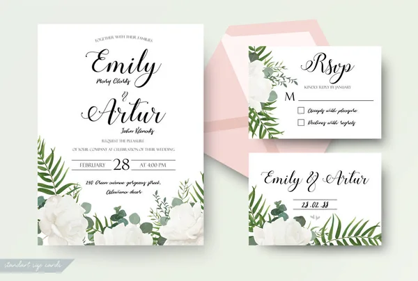 Wedding cards floral design. Invite, invitation, rsvp, response card save the date set. White garden rose peony flower forest fern, green tropical palm leaf, silver dollar eucalyptus branch decoration — Stock Vector