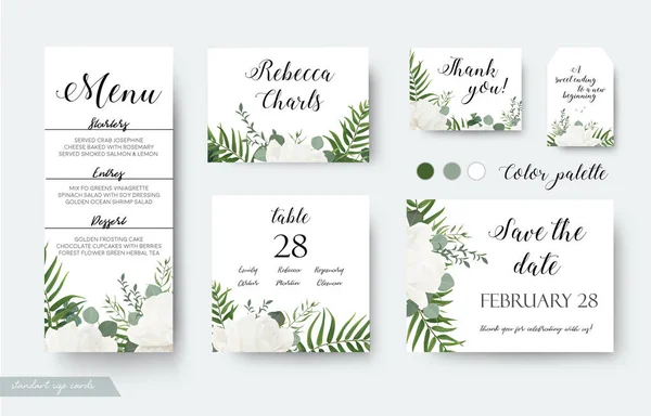 Cartões de casamento design floral. Rsvp, menu, número de tabela obrigado, salvar a data cartão de convidado & conjunto de etiquetas. Jardim branco rosa flor de peônia, samambaia da floresta, folha de palma verde, ramo de eucalipto, buquê de vegetação —  Vetores de Stock