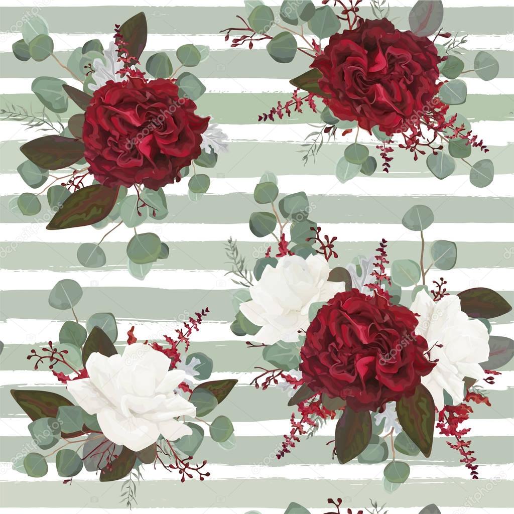 Vector Seamless floral pattern design drawn in watercolor style: garden white, burgundy red Rose flower, seeded Eucalyptus branch, greenery leaves. Bohemian romantic print on  stripped blue background