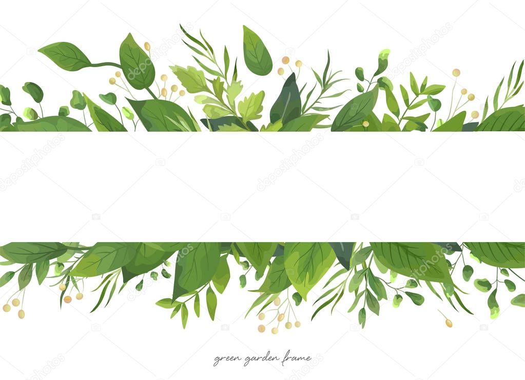 Vector card floral design with green watercolor fern leaves, tropical forest greenery herbs decorative frame, border. Elegant beauty cute watercolor rustic greeting, wedding invite, postcard template