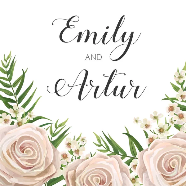 Προσκλητήριο γάμου, floral πρόσκληση κάρτα σχεδίαση με κρεμώδες λευκό τριαντάφυλλο λουλούδια κήπων, κερί λουλούδι, πράσινο τροπικό δάσος παλάμη δέντρο φύλλα πράσινο περίγραμμα πλαισίου. Διάνυσμα κομψό χαιρετισμό, αποθηκεύσετε την ημερομηνία — Διανυσματικό Αρχείο