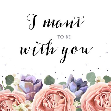 Succulents, okaliptüs dalları ve yaprakları güzel Sevgililer günü tebrik, davet, kartpostal, poster düzeni ile vektör çiçek tasarım suluboya lavanta, Bahçe pembe Gül çiçek, Menekşe, mor