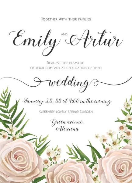 Wedding Invitation, floral invite card Design with creamy white garden rose flowers, wax flower, green tropic palm tree leaves greenery border, frame. Vector cute tender elegant save the date template — Stock Vector