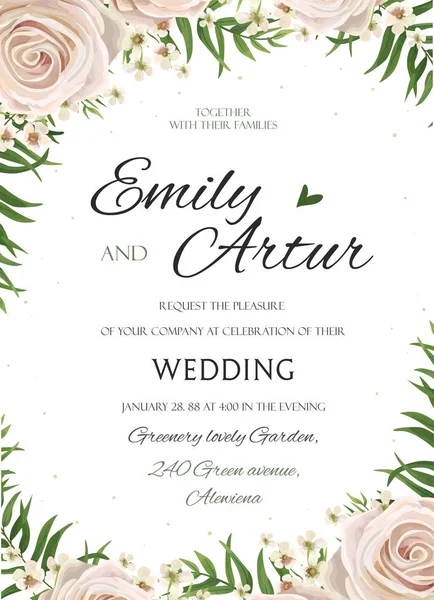 Wedding floral watercolor style invite, inviration, save the date card Design with pink, creamy white garden rose, wax flowers, green tropical palm tree leaves greenery frame. Vector. elegant template — Stock Vector