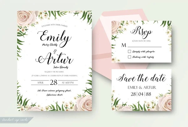 Wedding floral watercolor style invite, rsvp save the date thank you card Design with creamy white garden rose, wax flowers, green tropical palm tree leaves greenery decor. Vector elegant template set — Stock Vector