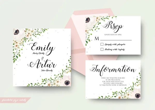 Matrimonio in stile acquerello floreale invitare, rsvp, salvare la data, biglietto di ringraziamento Design con rosa, anemone bianco cremoso, fiori di cera, foresta verde felce foglie decorazione verde. Set vettoriale elegante — Vettoriale Stock