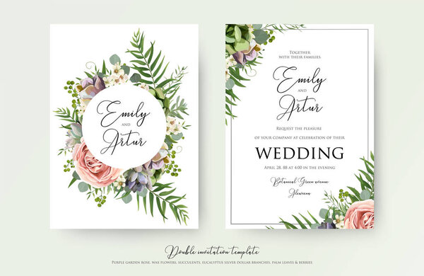 Floral Wedding Invitation elegant invite, thank you, rsvp card vector Design: garden pink, peach Rose flower, white wax, succulent, cactus plant, green Eucalyptus tender greenery, berry trendy bouquet