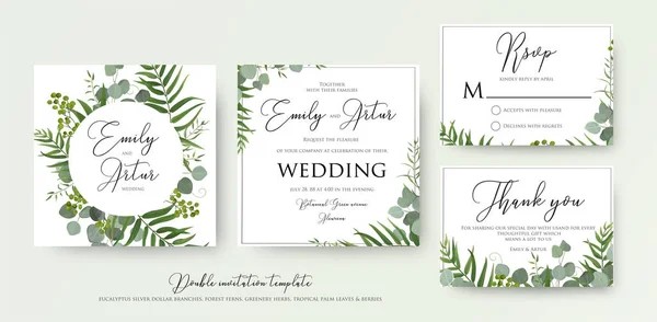 Wedding Invitation, floral invite, thank you, rsvp modern card Design: green tropical palm leaf greenery, eucalyptus branches, foliage decorative frame print. Vector elegante acuarela plantilla rústica — Archivo Imágenes Vectoriales