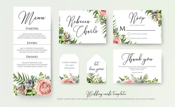 Casamento floral convidar obrigado, cartões de etiqueta rsvp Design: lavanda rosa jardim violeta rosa, verde tropical folha de palma verde eucalipto ramos decoração. Vetor elegante aquarela rústico modelo definido —  Vetores de Stock