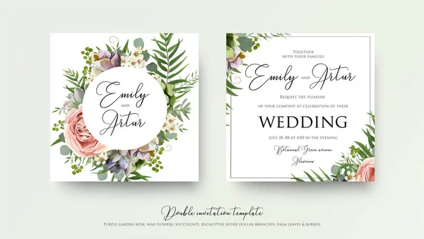 Hochzeit Blumen laden Einladungskarte Design mit Lavendel rosa violetten Garten Rose, grüne tropische Palmblätter Grün Eukalyptuszweige Dekoration. Vektor elegant Aquarell rustikal niedlich Vorlage Set — Stockvektor