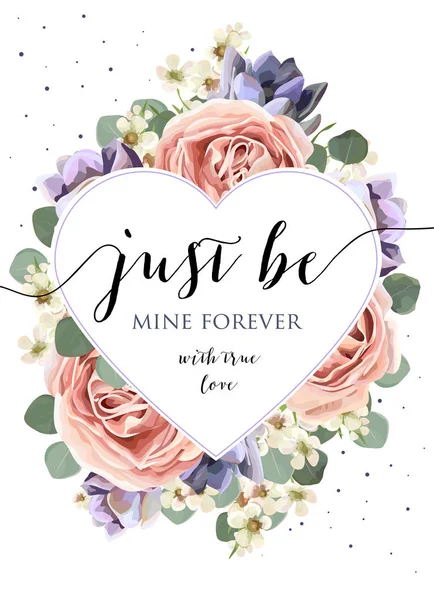 Vector floral card design with watercolor lavender garden pink rose,  ultra violet succulents eucalyptus branches and leaves. Lovely Valentine day postcard. Heart shape frame with "Just be mine" quote — Stock Vector