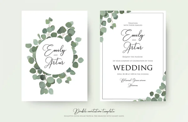 Wedding floral watercolor style double invite, invitation, save the date card design with cute Eucalyptus tree branches with greenery leaves decoration. Vector natural elegant, rustic luxury template — Stock Illustration Wedding floral watercolor style double invite, invitation, save the date card design with cute Eucalyptus tree branches with greenery leaves decoration. Vector natural elegant, rustic luxury template Royalty Free Stock Illustrations