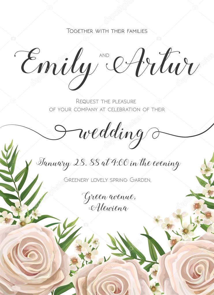 Wedding Invitation, floral invite card Design with creamy white garden rose flowers, wax flower, green tropic palm tree leaves greenery border, frame. Vector cute tender elegant save the date template