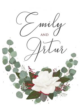 Evlilik tarihi bildirimi kartı tasarımı ile beyaz bahçe gül, kırmızı amaranthus, Kaydet çiçek suluboya stil davet yeşil tropikal, numaralı seribaşı Okaliptüs ağacı yeşil çelenk bırakır. Vektör zarif güzellik template