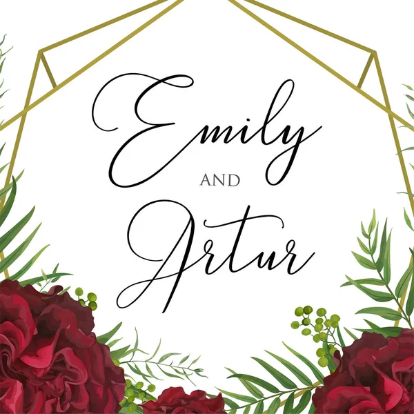 Wedding floral watercolor invite save the date card design with red garden rose, palm tree leaves, green berry, elegant herbal greenery & golden geometrical frame. Vector natural modern style template — Stock Vector