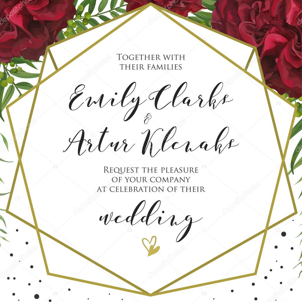 Wedding floral invite, invitation card design with red burgundy rose flowers, palm leaves, green berries, elegant geometrical golden frame and black polka dot decoration. Vector natural modern layout