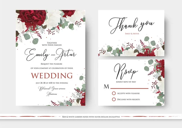 Matrimonio invito floreale, salvare la data, grazie, rsvp card design con fiori di rosa giardino rosso e bianco, rami di eucalipto seminati, foglie verdi, arredamento amaranto delicato. Set di modelli di arte vettoriale — Vettoriale Stock