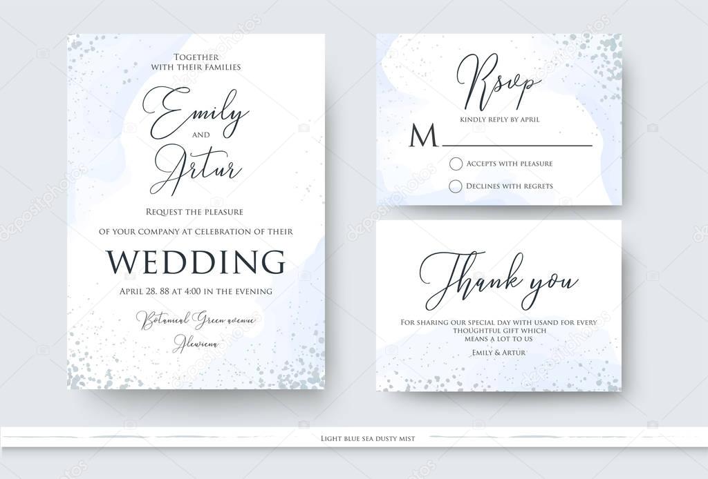 Wedding invite, thank you, rsvp card design set with abstract watercolor style decoration in light tender dusty blue color on white background. Vector trendy modern romantic art layout, template