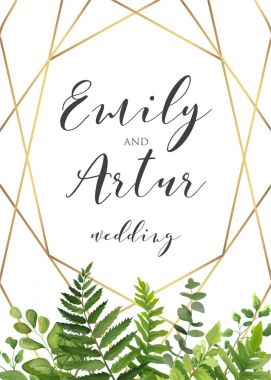 Vektör botanik düğün çiçek davet, davet, tarihi kartı zarif, modern tasarım ile doğal orman yeşil fern Kaydet bırakır, yeşil otlar, bitkiler sınır ve altın, lüks geometrik Yazdır