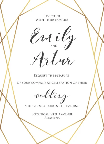 Inviter au mariage, invitation enregistrer la carte de date design délicat avec élégant vecteur feuille d'or géométrique linéaire cadre d'art décoratif, bordure. Magnifique concept abstrait. Modèle de luxe moderne à la mode — Image vectorielle