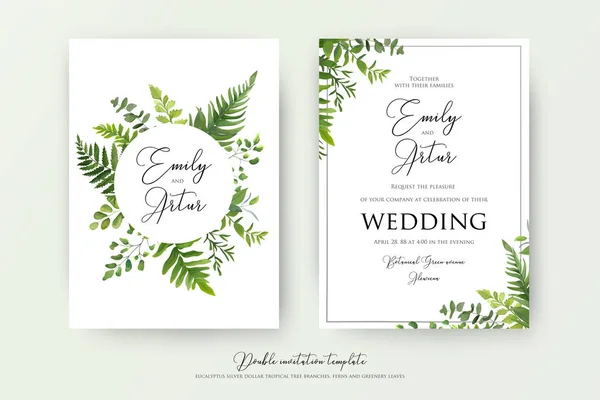 Wedding floral watercolor style double invite, invitation, save the date card design with forest greenery herbs, leaves, eucalyptus branches, fern fronds. Vector natural, botanical, elegant template — Stock Vector